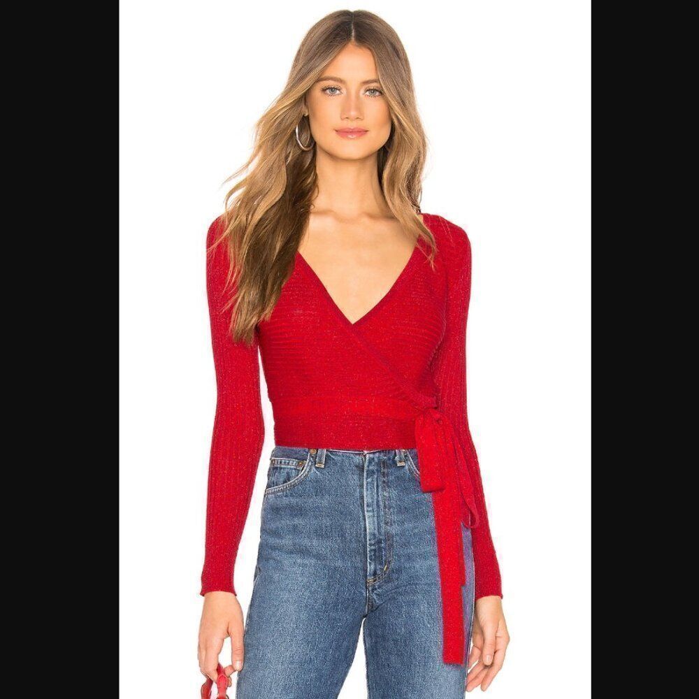 NWT Revolve x By The Way Mary Lurex Wrap Sweater in Red Metallic | Size S